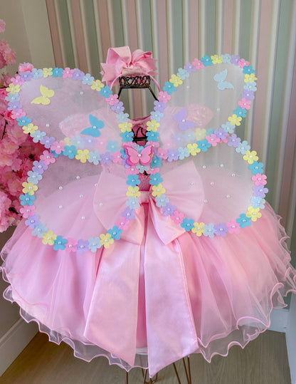 Vestido Infantil Rosa Bebê em Tecido Misto com Borboleta Branca, Saia Rodada, L