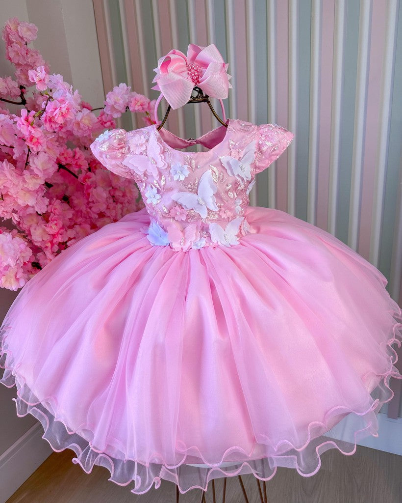 Vestido Infantil Rosa Bebê em Tecido Misto com Borboleta Branca, Saia Rodada, L