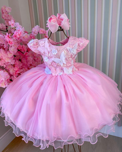 Vestido Infantil Rosa Bebê em Tecido Misto com Borboleta Branca, Saia Rodada, L
