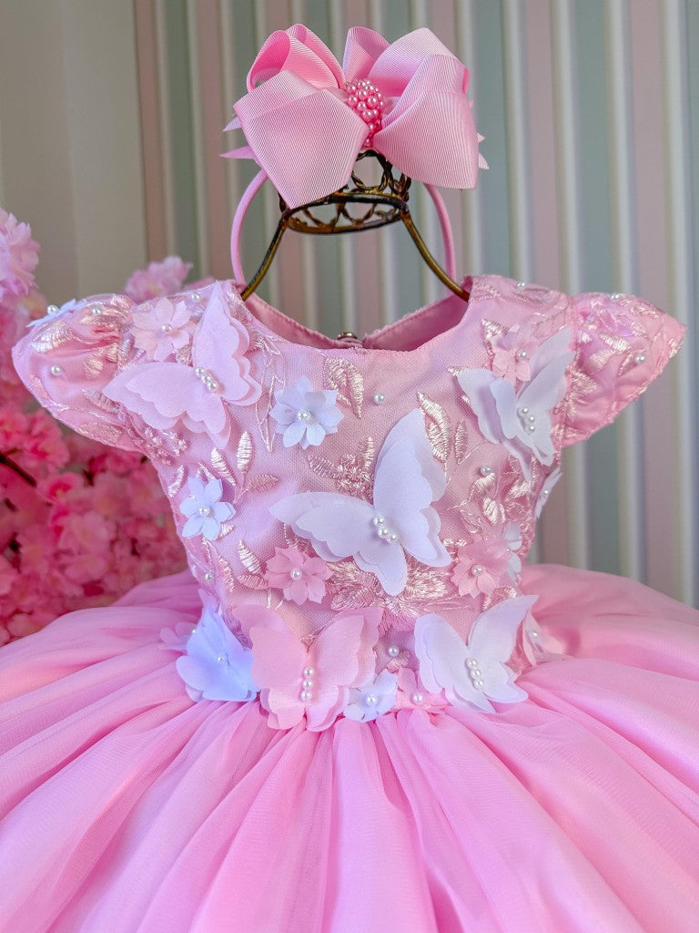 Vestido Infantil Rosa Bebê em Tecido Misto com Borboleta Branca, Saia Rodada, L