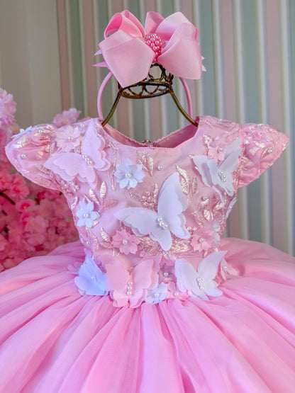 Vestido Infantil Rosa Bebê em Tecido Misto com Borboleta Branca, Saia Rodada, L