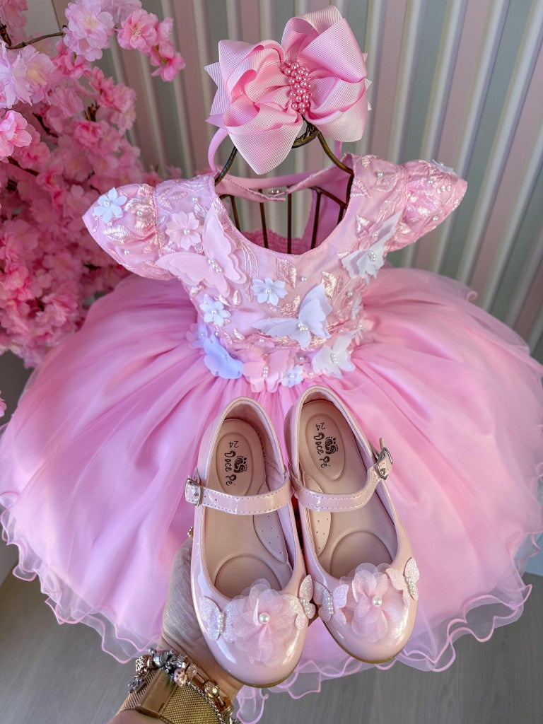 Vestido Infantil Rosa Bebê em Tecido Misto com Borboleta Branca, Saia Rodada, L
