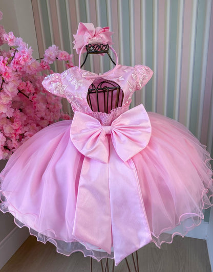 Vestido Infantil Rosa Bebê em Tecido Misto com Borboleta Branca, Saia Rodada, L