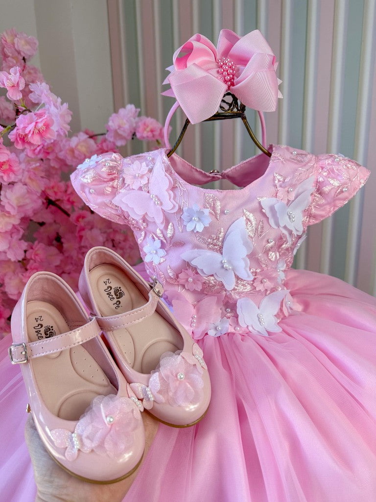 Vestido Infantil Rosa Bebê em Tecido Misto com Borboleta Branca, Saia Rodada, L