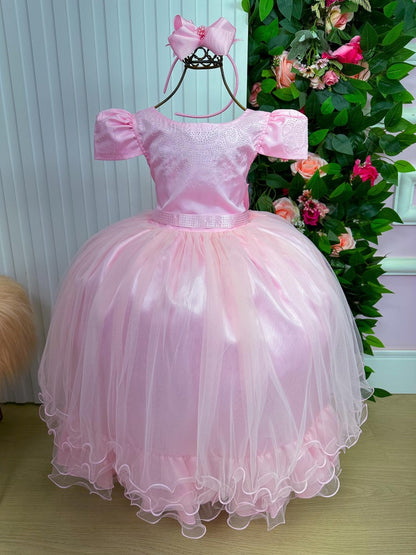 Vestido Infantil Rosa Bebê em Cetim com Babadinho