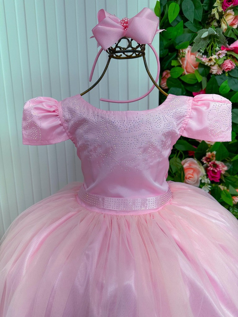 Vestido Infantil Rosa Bebê em Cetim com Babadinho