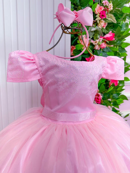 Vestido Infantil Rosa Bebê em Cetim com Babadinho