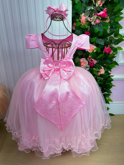 Vestido Infantil Rosa Bebê em Cetim com Babadinho