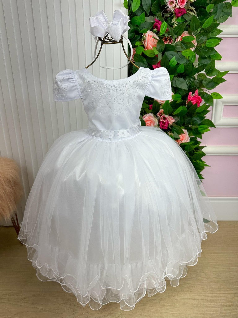 Vestido Infantil Branco em Tule com Babadinho e Renda Delicada para Daminhas
