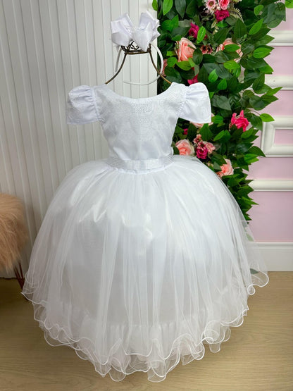 Vestido Infantil Branco em Tule com Babadinho e Renda Delicada para Daminhas