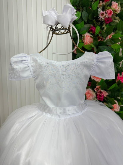 Vestido Infantil Branco em Tule com Babadinho e Renda Delicada para Daminhas