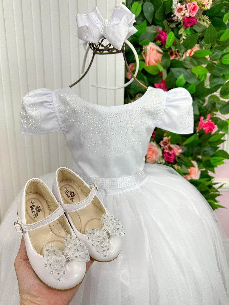 Vestido Infantil Branco em Tule com Babadinho e Renda Delicada para Daminhas