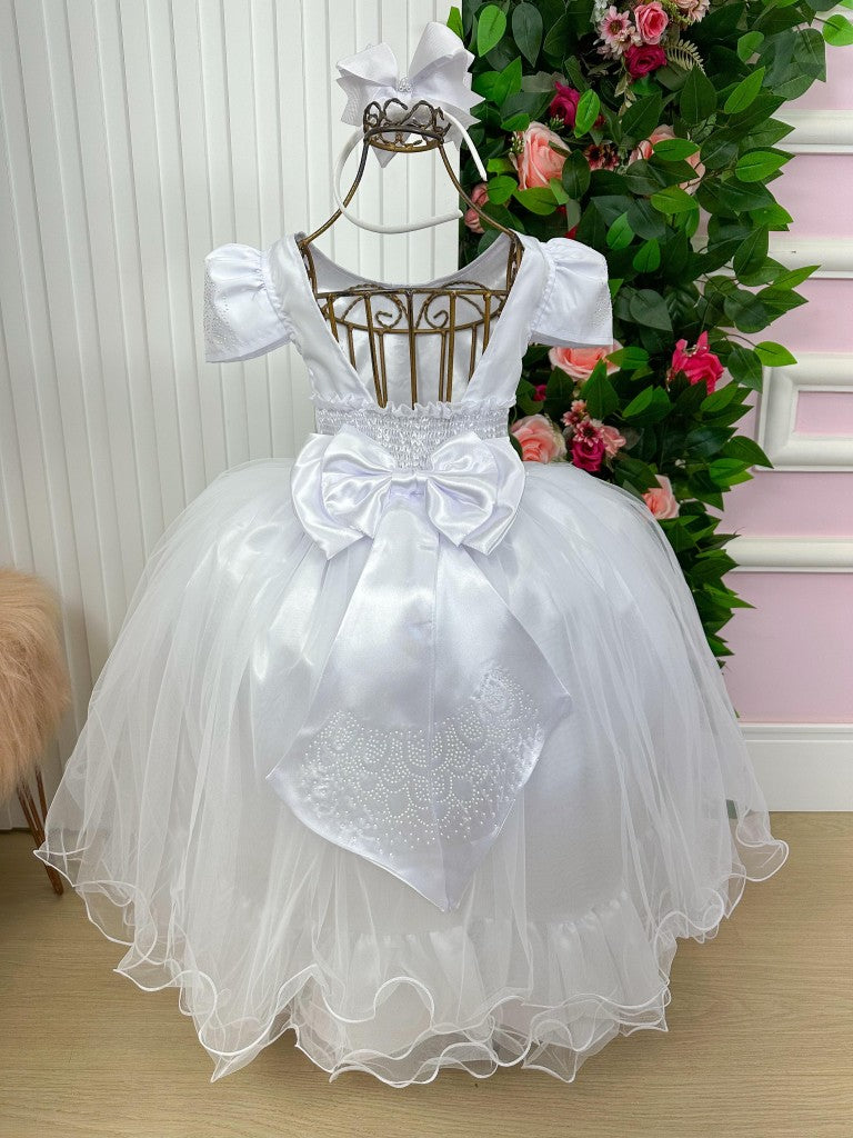 Vestido Infantil Branco em Tule com Babadinho e Renda Delicada para Daminhas