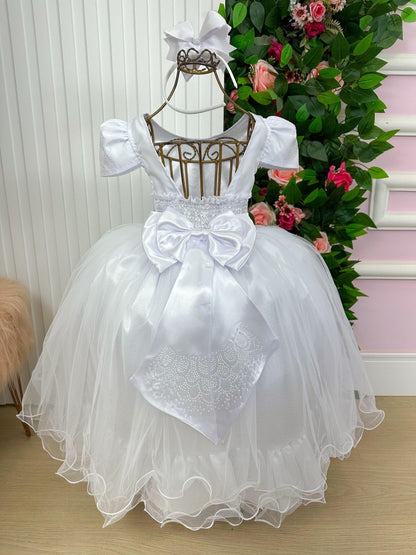 Vestido Infantil Branco em Tule com Babadinho e Renda Delicada para Daminhas