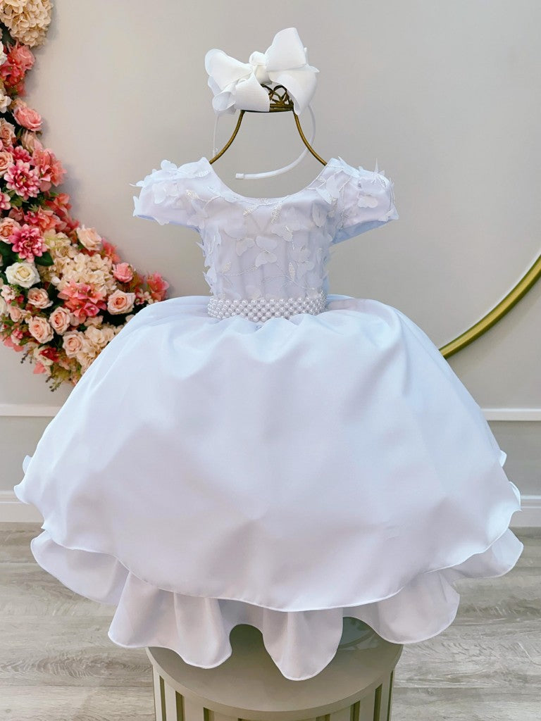 Vestido Infantil Branco em Tule com Apliques de Flores e Renda Delicada para Daminhas