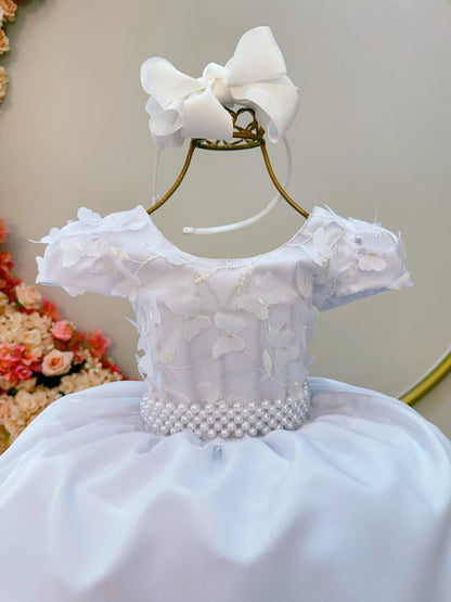 Vestido Infantil Branco em Tule com Apliques de Flores e Renda Delicada para Daminhas