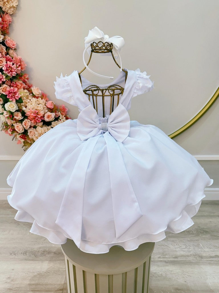 Vestido Infantil Branco em Tule com Apliques de Flores e Renda Delicada para Daminhas