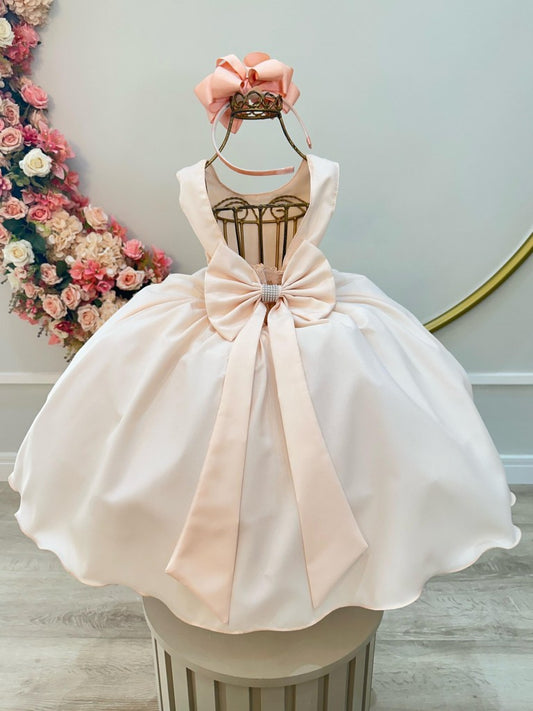 Vestido Infantil Salmão Claro Busto Com Strass Daminhas