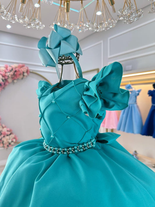 Vestido Infantil Verde em Cetim com Busto Nervura e Pérolas para Festas