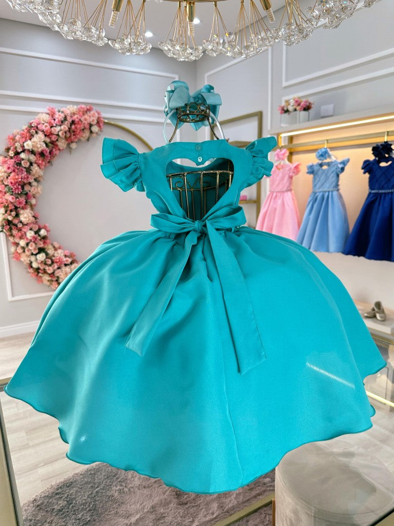 Vestido Infantil Verde em Cetim com Busto Nervura e Pérolas para Festas
