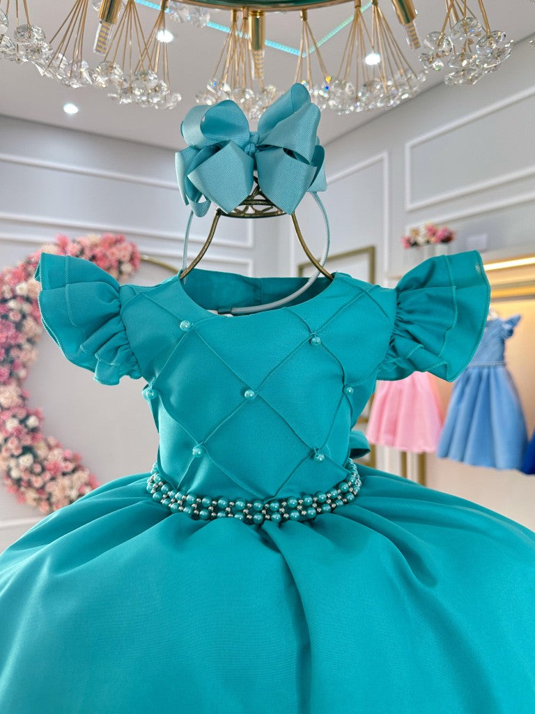 Vestido Infantil Verde em Cetim com Busto Nervura e Pérolas para Festas