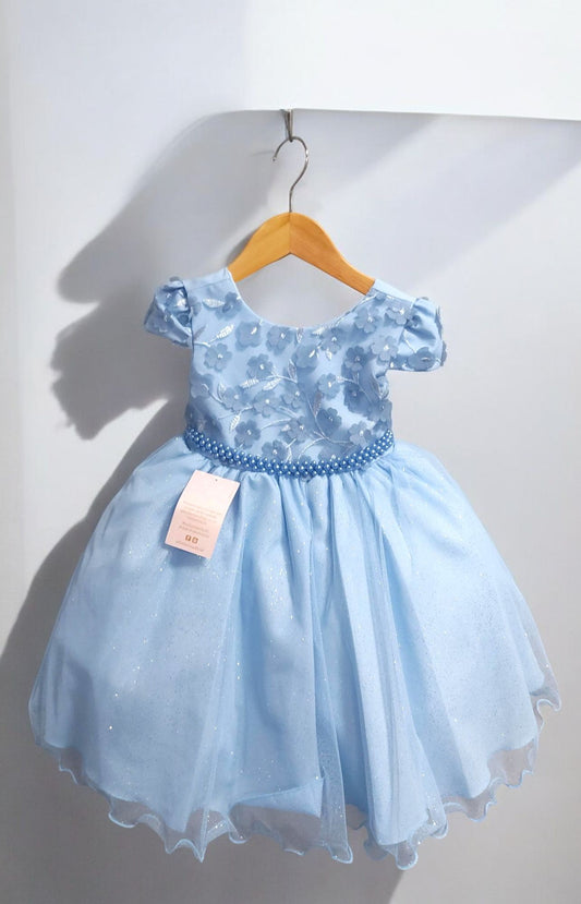 Vestido Infantil Azul Claro em Tule com Glitter Saia Rodada e Apliques de Flores para Festa de Aniversário