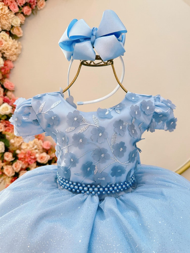 Vestido Infantil Azul Claro em Tule com Glitter Saia Rodada e Apliques de Flores para Festa de Aniversário