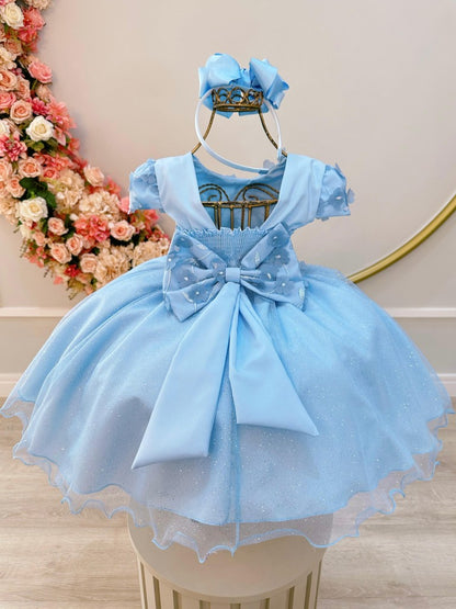 Vestido Infantil Azul Claro em Tule com Glitter Saia Rodada e Apliques de Flores para Festa de Aniversário