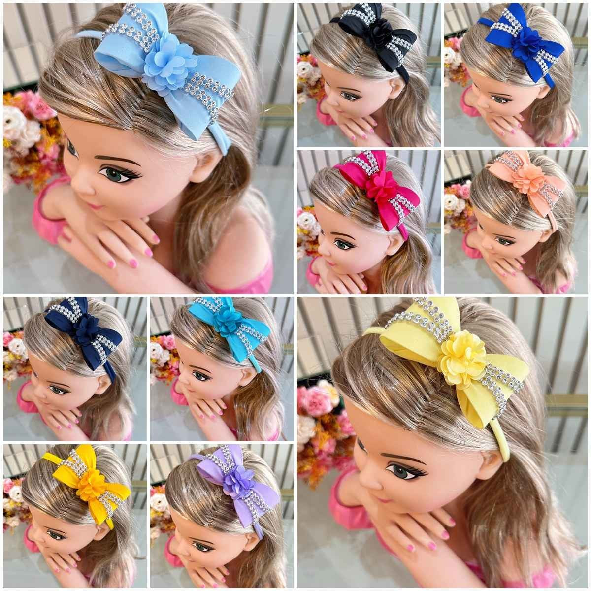 Faixinha de Cabelo Bebê Rosa em Meia de Seda com Laço Florzinha e Strass para Estilo Princesa