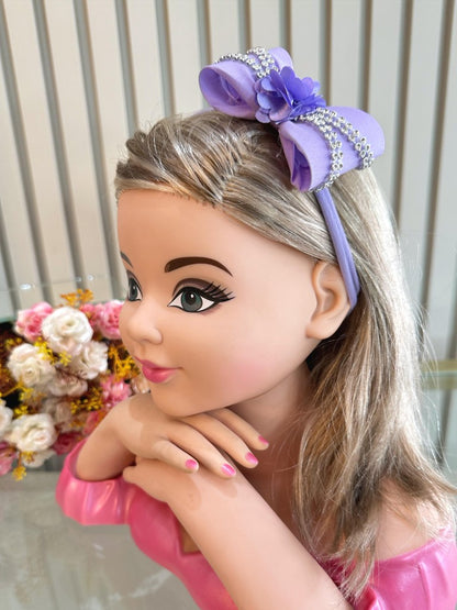 Faixinha de Cabelo Bebê Rosa em Meia de Seda com Laço Florzinha e Strass para Estilo Princesa