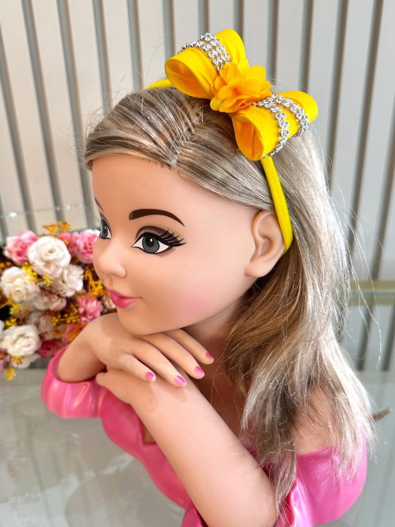 Faixinha de Cabelo Bebê Rosa em Meia de Seda com Laço Florzinha e Strass para Estilo Princesa