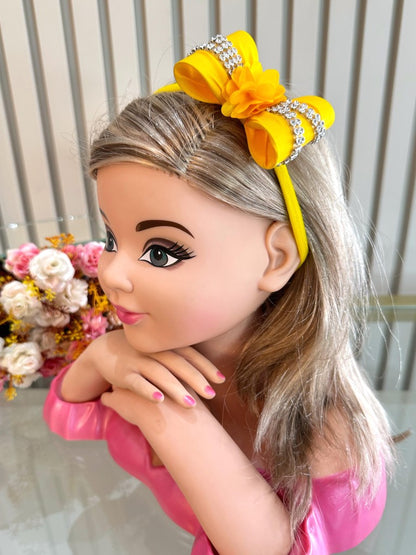 Faixinha de Cabelo Bebê Rosa em Meia de Seda com Laço Florzinha e Strass para Estilo Princesa