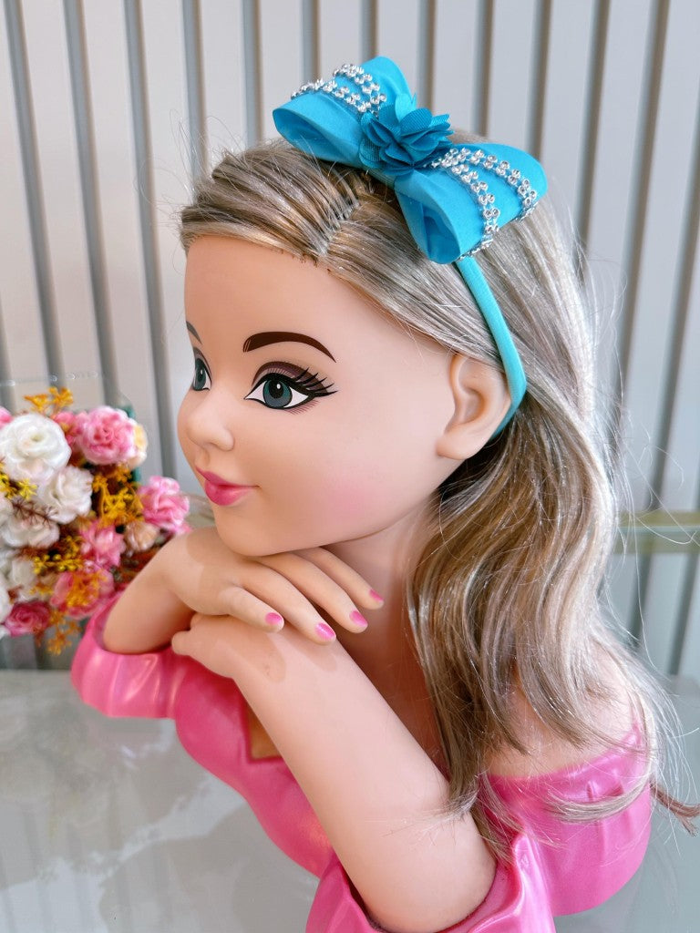 Faixinha de Cabelo Bebê Rosa em Meia de Seda com Laço Florzinha e Strass para Estilo Princesa