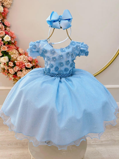 Vestido Infantil Azul Claro em Tule com Glitter Saia Rodada e Apliques de Flores para Festa de Aniversário