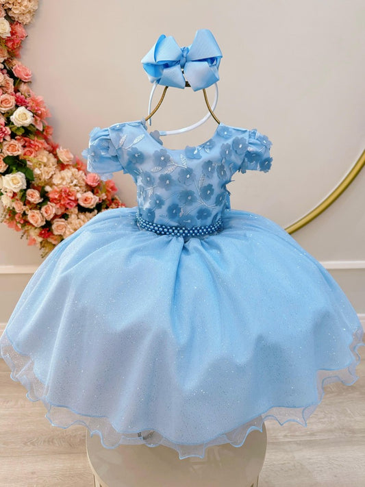 Vestido Infantil Azul Claro em Tule com Glitter Saia Rodada e Apliques de Flores para Festa de Aniversário