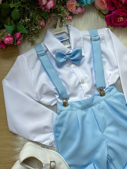 Conjunto Social Infantil Branco em Poliéster com Gravata Borboleta Azul Bebê e Suspensório Azul Bebê para Batizados