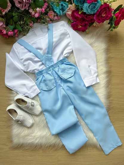 Conjunto Social Infantil Branco em Poliéster com Gravata Borboleta Azul Bebê e Suspensório Azul Bebê para Batizados