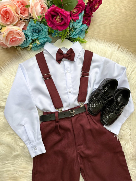 Conjunto Social Infantil Marsala em Microfibra com Gravata Borboleta e Suspensório para Festa