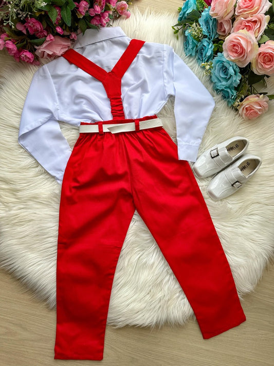 Conjunto Social Infantil Vermelho em Algodão com Gravata Borboleta e Suspensório para Festa