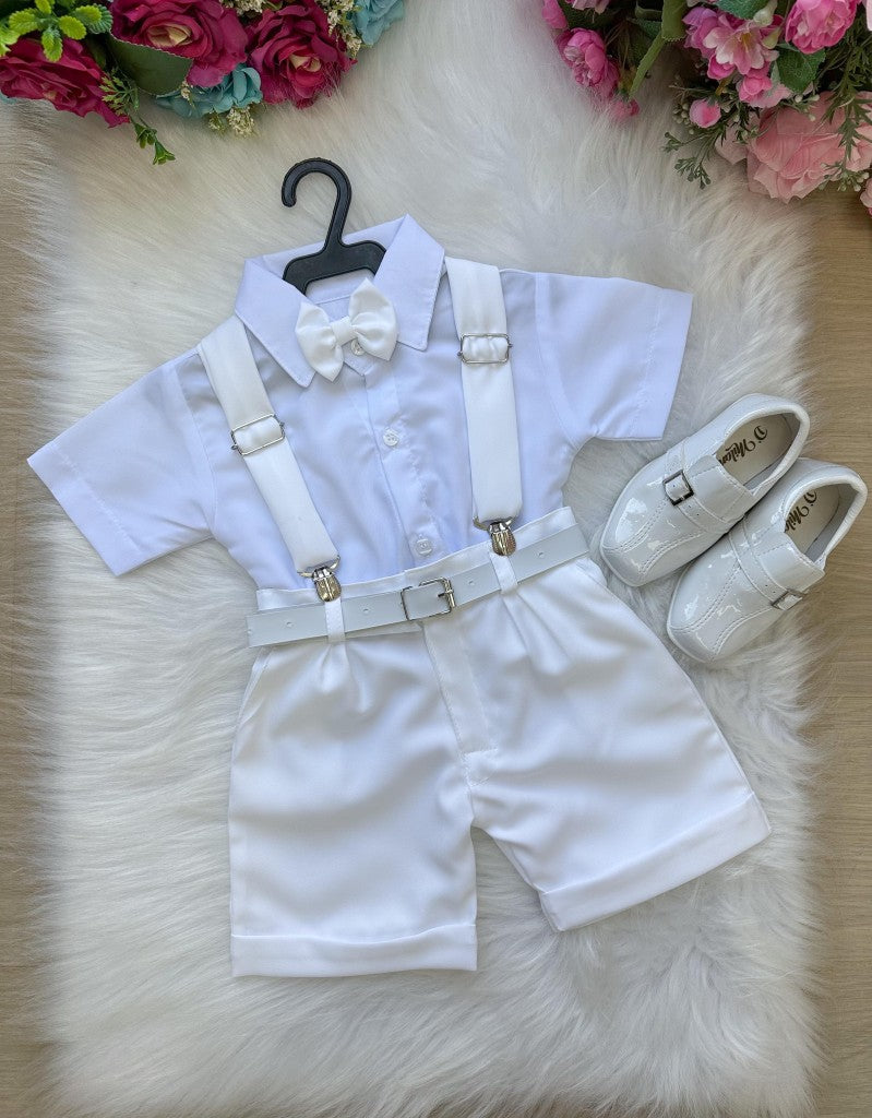 Conjunto Social Infantil Branco em Microfibra com Gravata e Suspensório para Pajem