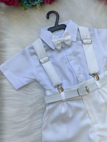 Conjunto Social Infantil Branco em Microfibra com Gravata e Suspensório para Pajem