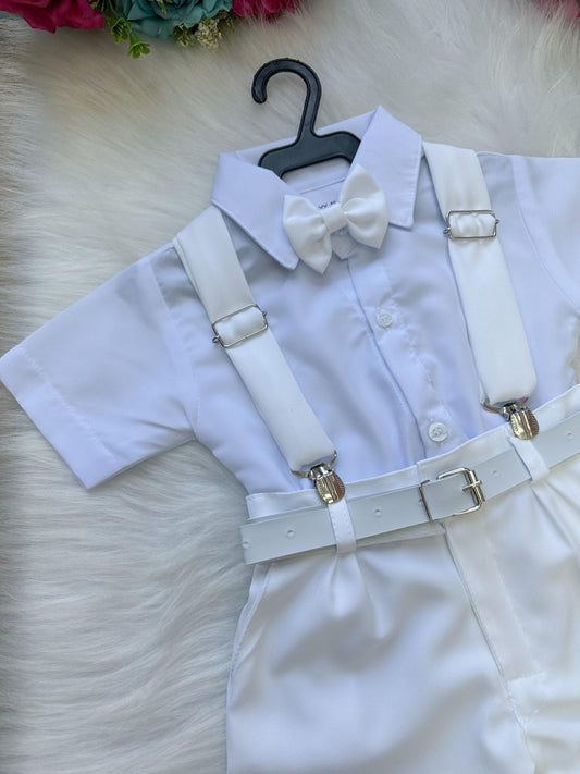 Conjunto Social Infantil Branco em Microfibra com Gravata e Suspensório para Pajem