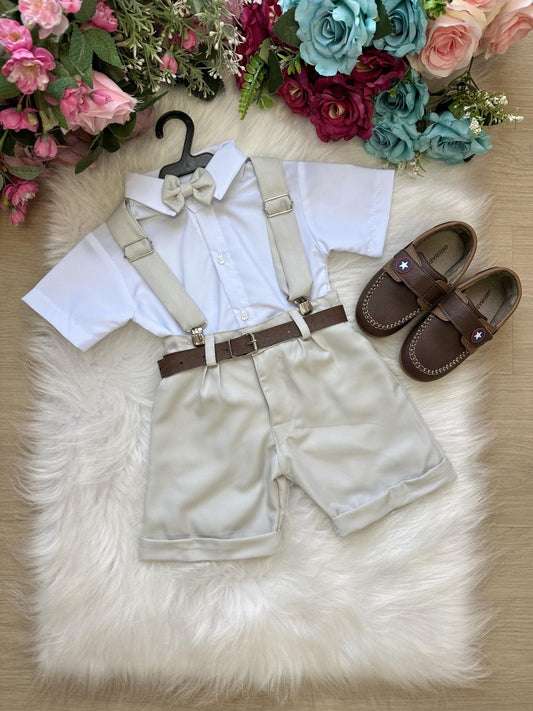 Conjunto Social Infantil Branco com Shorts Cinza Claro e Gravata Cinza Claro para Pajem
