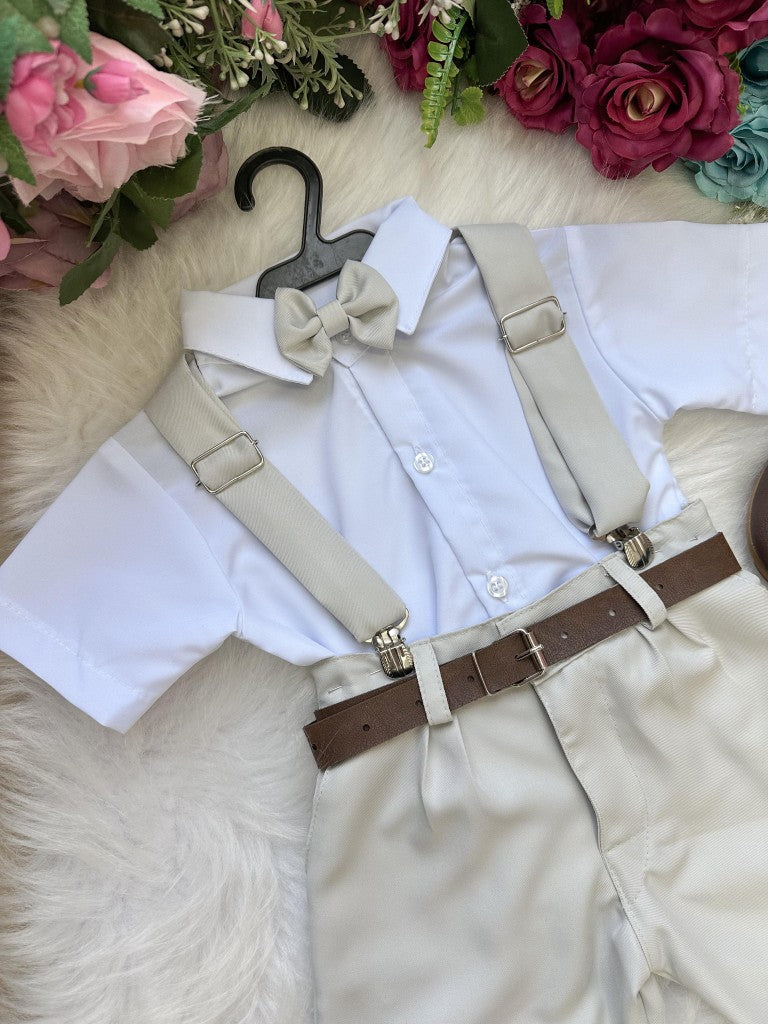 Conjunto Social Infantil Branco com Shorts Cinza Claro e Gravata Cinza Claro para Pajem
