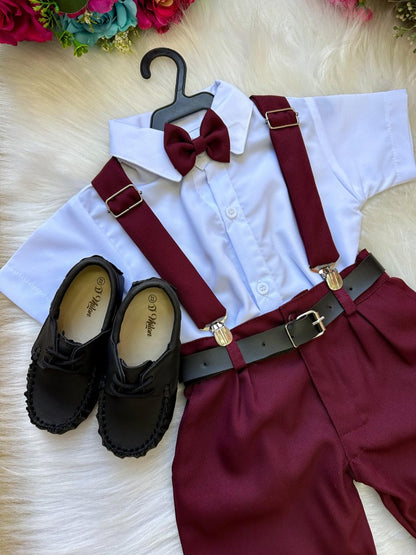 Conjunto Social Infantil Branco em Microfibra com Gravata Marsala e Suspensório para Pajem