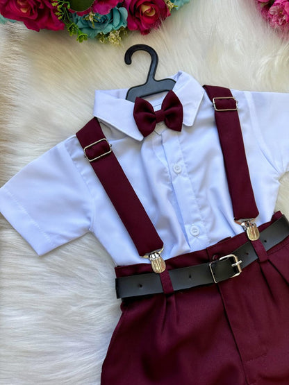 Conjunto Social Infantil Branco em Microfibra com Gravata Marsala e Suspensório para Pajem