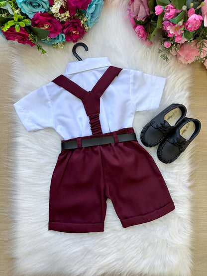 Conjunto Social Infantil Branco em Microfibra com Gravata Marsala e Suspensório para Pajem
