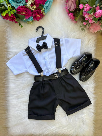 Conjunto Social Infantil Branco em Microfibra com Gravata Preta e Suspensório Preto para Casamento