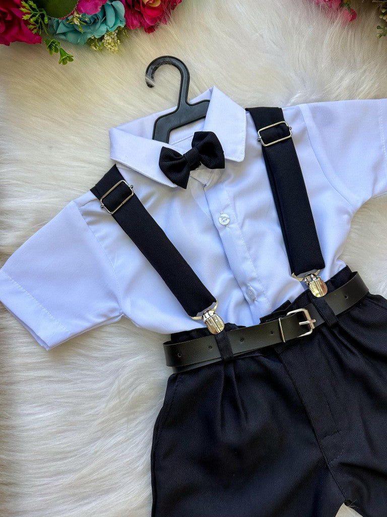 Conjunto Social Infantil Branco em Microfibra com Gravata Preta e Suspensório Preto para Casamento