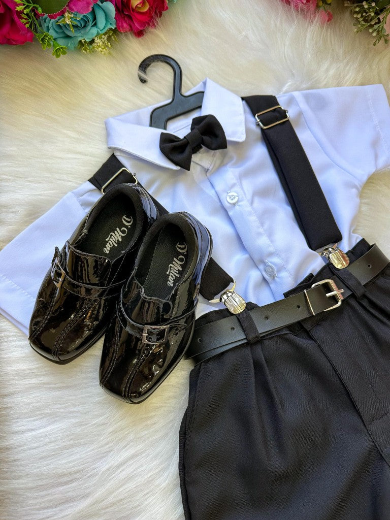 Conjunto Social Infantil Branco em Microfibra com Gravata Preta e Suspensório Preto para Casamento